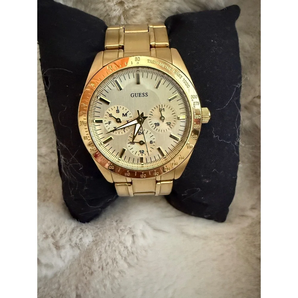 Guess Gold Tone Chronograph Watch Sunray Dial Tachymeter Bezel U0668G2